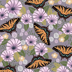 swallowtail butterfly floral fabric - floral fabric, butterfly fabric, tiger swallowtail, trumpet flowers - purple