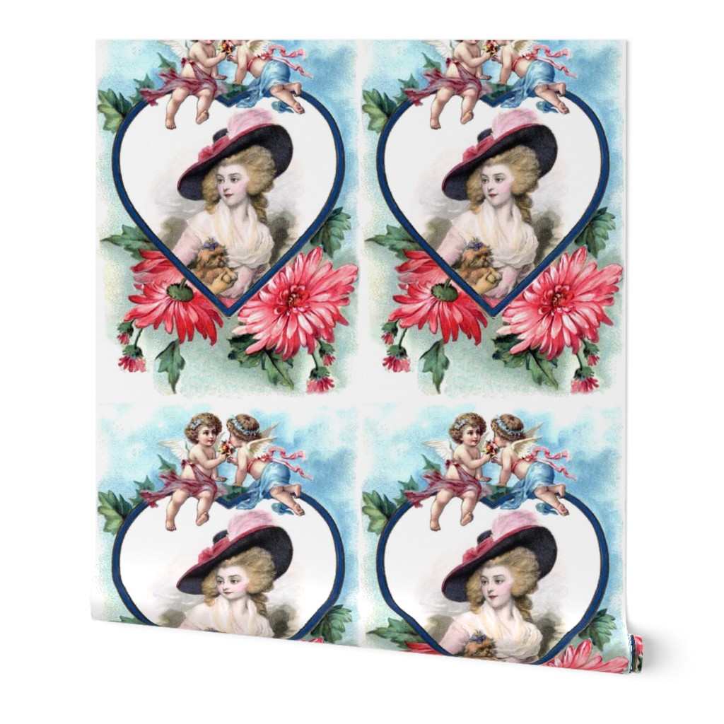 heart love Marie Antoinette inspired pink gowns dress baroque victorian blue big hat beautiful lady woman red flowers floral cherub putti cupids  leaf leaves dogs puppy pet valentine wings angels children vintage shabby chic antique beauty rococo portrait