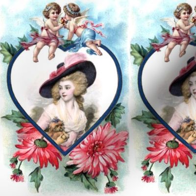 heart love Marie Antoinette inspired pink gowns dress baroque victorian blue big hat beautiful lady woman red flowers floral cherub putti cupids  leaf leaves dogs puppy pet valentine wings angels children vintage shabby chic antique beauty rococo portrait