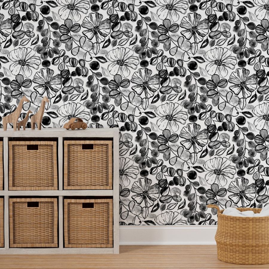 Black & White Painted Floral - Large Wallpaper | Spoonflower