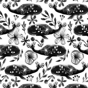 black and white floral painterly whales