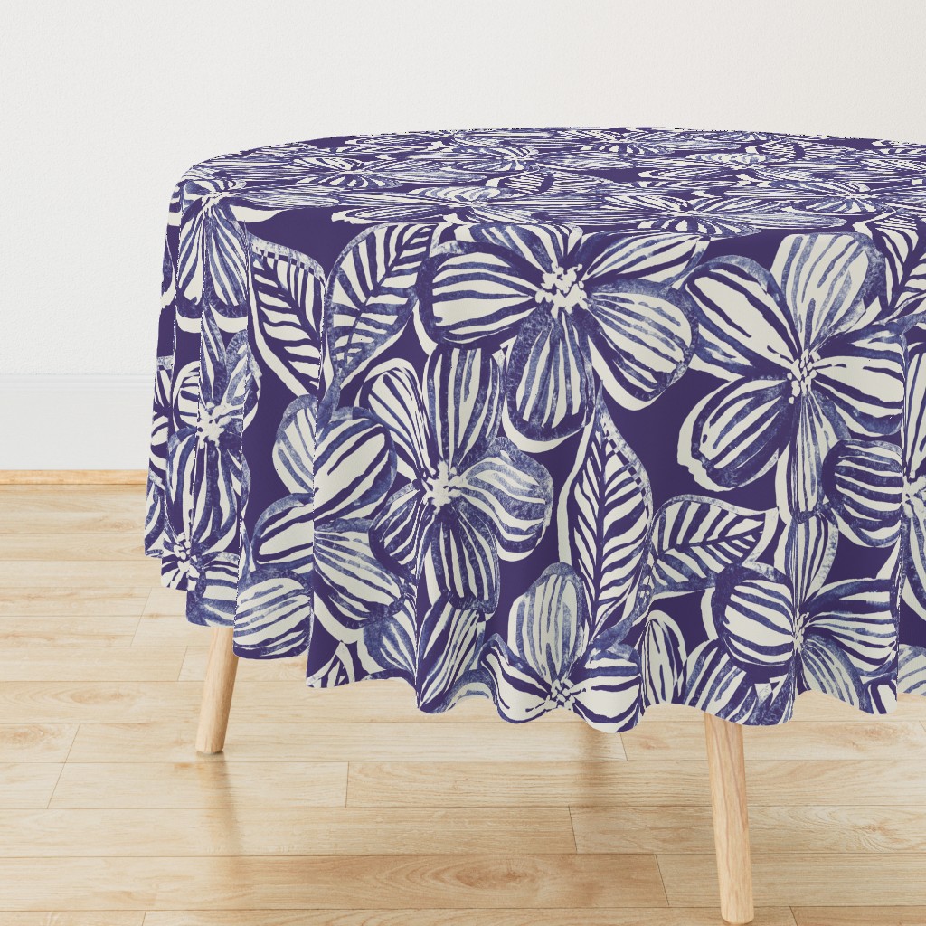 Bold Textured Monochrome Indigo Linework Floral