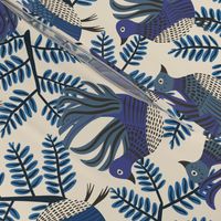 Birdlings (12") - blue folk style design with birds amongst the trees