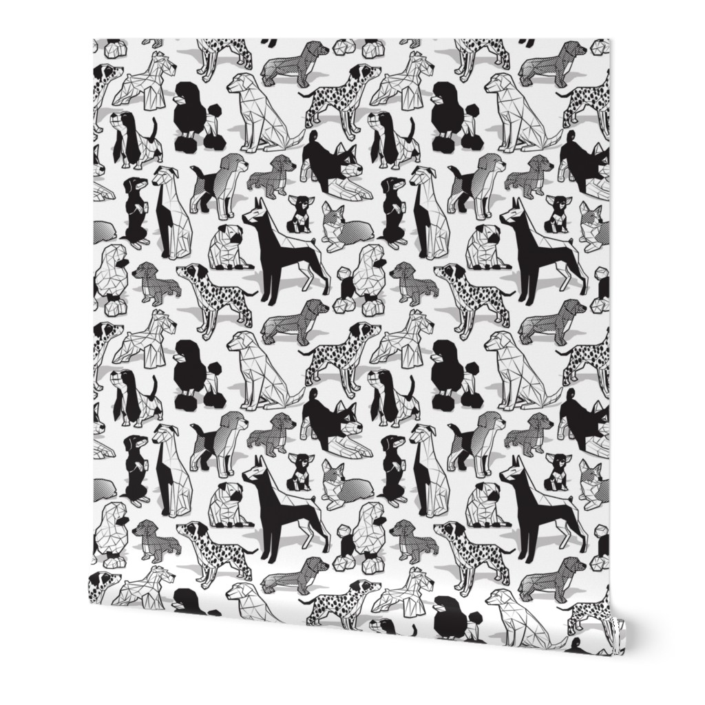 Small scale // Geometric sweet wet noses // white background black and white dogs: Beagles, Dalmatians, Corgis, Dachshunds, Pugs, Greyhounds, Dobermans, Schnauzers, Huskies, Chihuahuas, Poodles, Basset Hounds, Labrador Retrievers