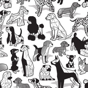 Small scale // Geometric sweet wet noses // white background black and white dogs: Beagles, Dalmatians, Corgis, Dachshunds, Pugs, Greyhounds, Dobermans, Schnauzers, Huskies, Chihuahuas, Poodles, Basset Hounds, Labrador Retrievers