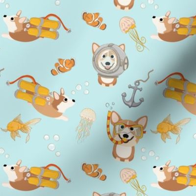 6" Diving Corgis - Corgi in the sea -  blue