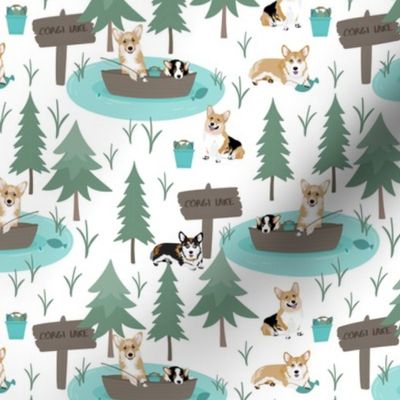 6" cute welsh cardigan corgis are fishing in forest lake painted sport design corgi lovers will adore this fabric -white