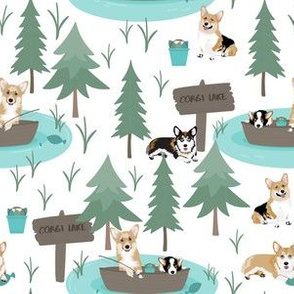 6" cute welsh cardigan corgis are fishing in forest lake painted sport design corgi lovers will adore this fabric -white