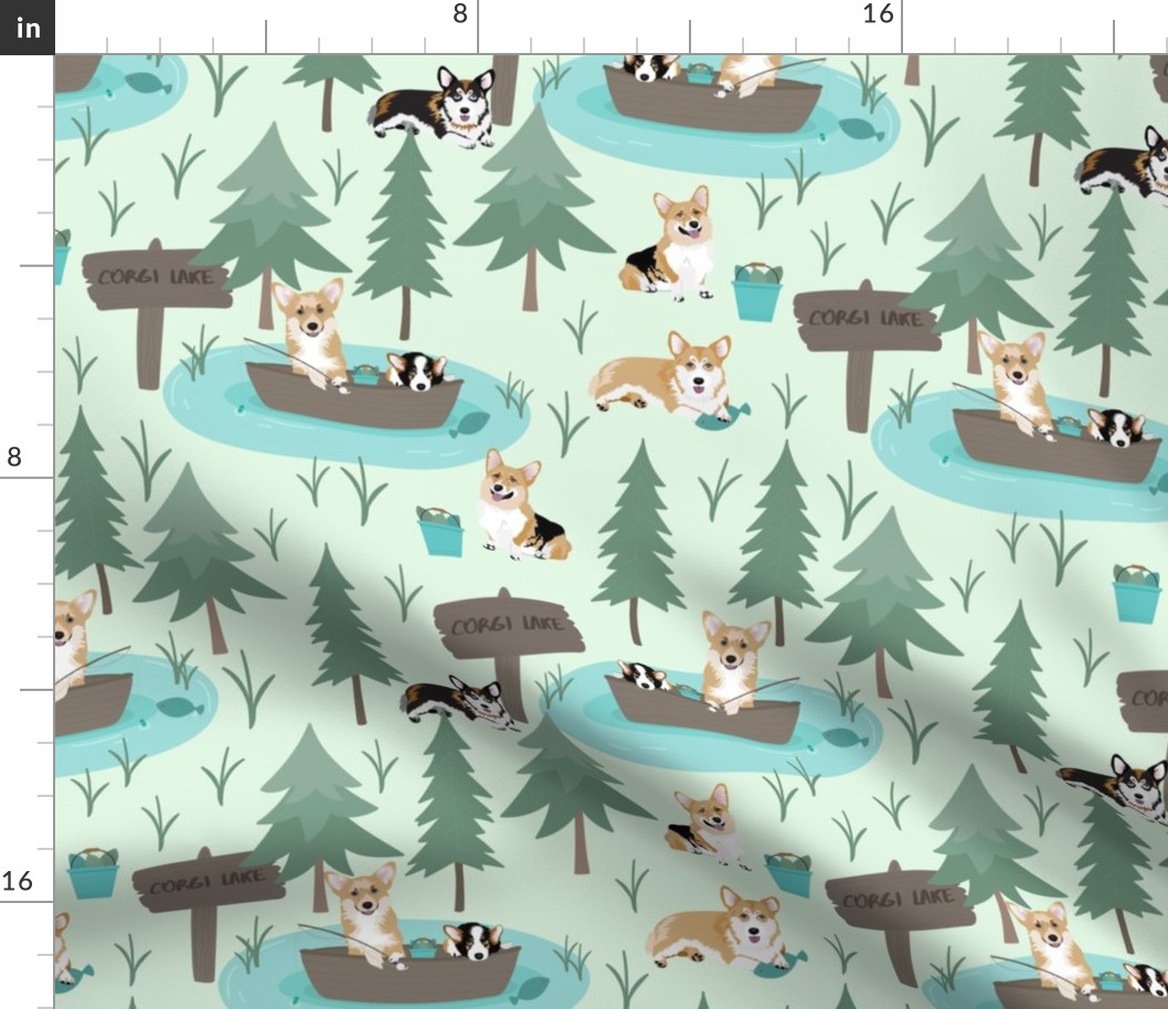 12" cute welsh cardigan corgis are fishing in forest lake painted sport design corgi lovers will adore this fabric -white -green