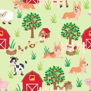 12" cute welsh cardigan corgis are on the farm with lot animals design corgi lovers will adore this fabric -green