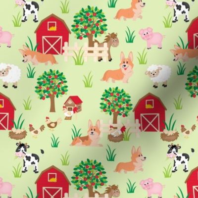 6" cute welsh cardigan corgis are on the farm with lot animals design corgi lovers will adore this fabric -green