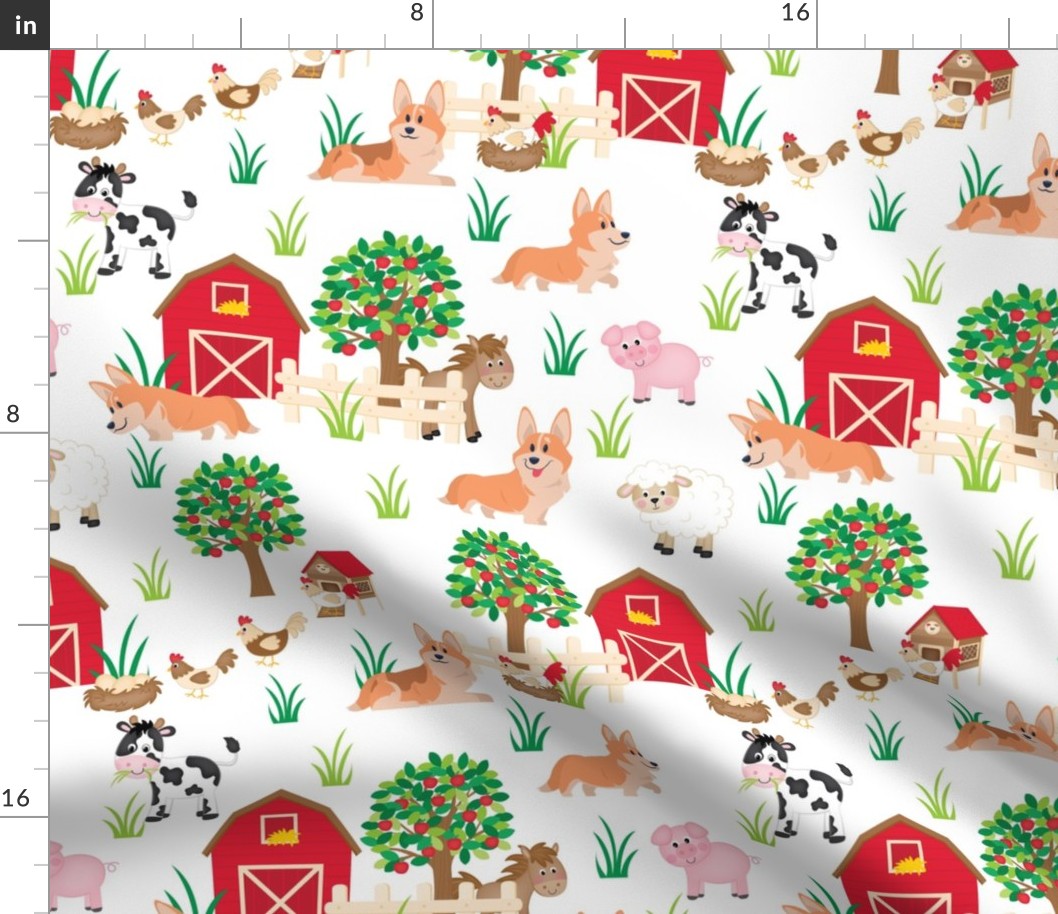 12" cute welsh cardigan corgis are on the farm with lot animals design corgi lovers will adore this fabric -white 