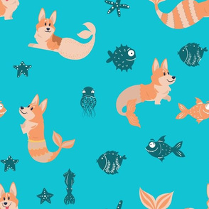 12" cute welsh cardigan corgis are mermaids in the deep ocean animals design corgi lovers will adore this fabric -blue