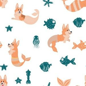 6" cute welsh cardigan corgis are mermaids in the deep ocean animals design corgi lovers will adore this fabric -blue