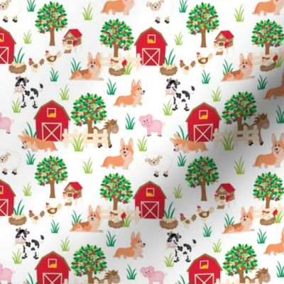 4" cute welsh cardigan corgis are on the farm with lot animals design corgi lovers will adore this fabric -white 