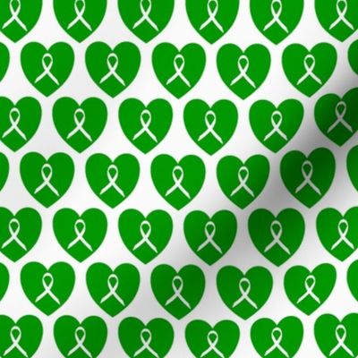 Awareness ribbons in green hearts for genetic disorders