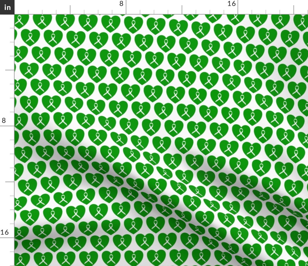 Awareness ribbons in green hearts for genetic disorders