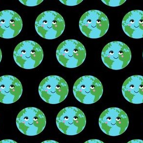happy earth fabric - earth day fabric, earth fabric, science fabric, planet - black