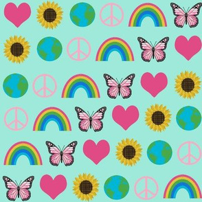 earth love fabric, peace, love, sunflowers, butterflies - earth fabric - mint and pink