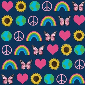 earth love fabric, peace, love, sunflowers, butterflies - earth fabric - navy and pink