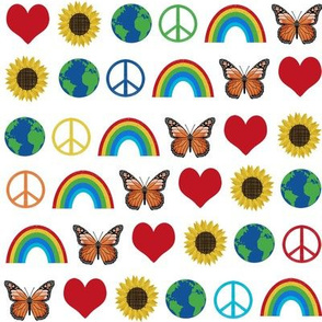 earth love fabric, peace, love, sunflowers, butterflies - earth fabric - primary