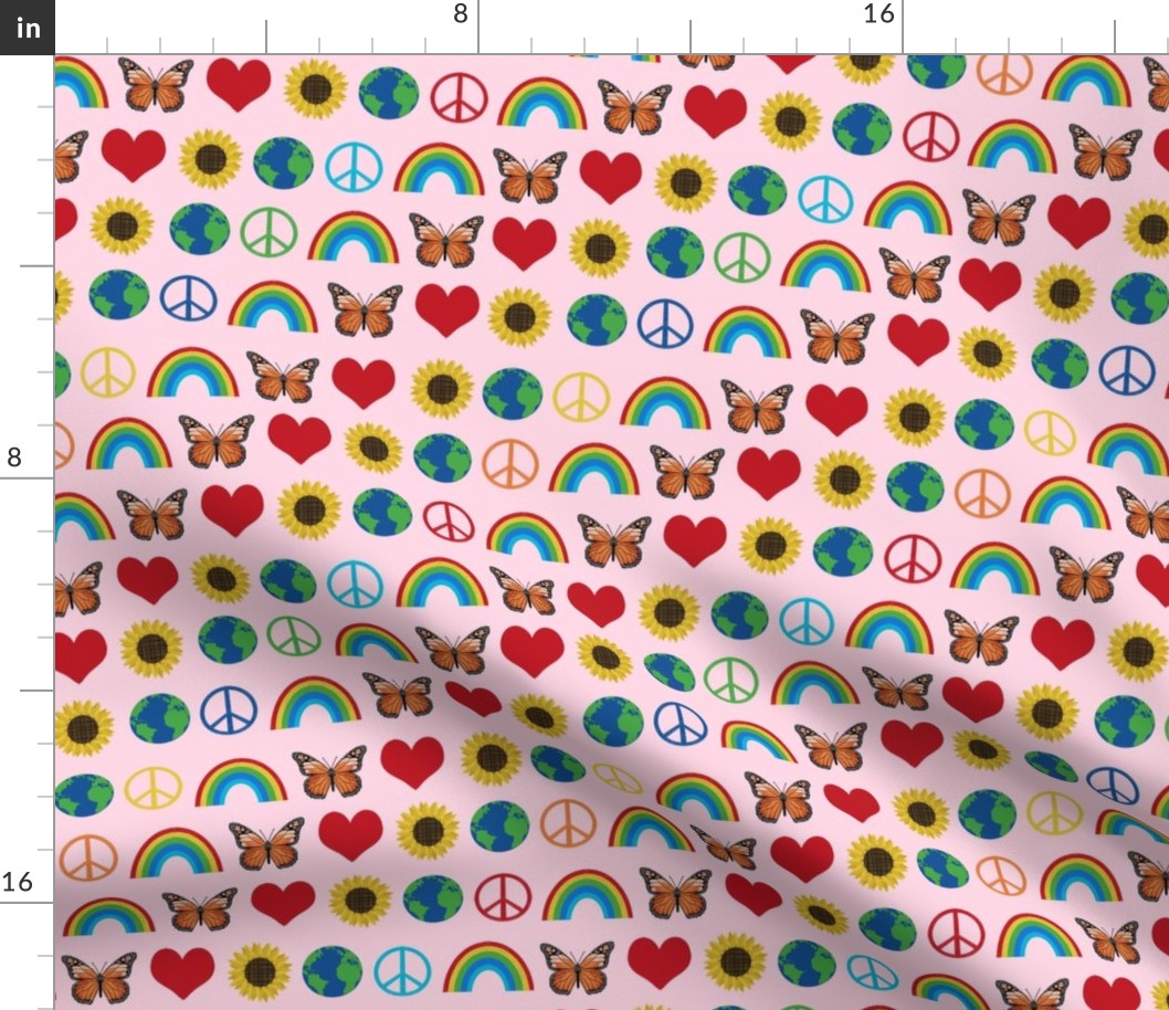 earth love fabric, peace, love, sunflowers, butterflies - earth fabric - primary pink