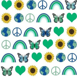 earth love fabric, peace, love, sunflowers, butterflies - earth fabric - green on white