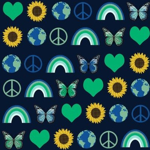 earth love fabric, peace, love, sunflowers, butterflies - earth fabric - green