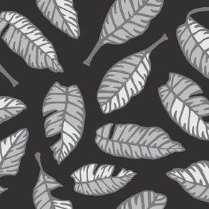 Calatheas Painterly Hand-Drawn Striped Tossed Leaves in Black White Gray - UnBlink Studio by Jackie Tahara