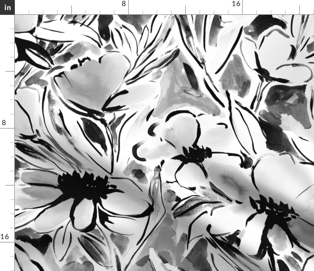 Large Scale Painterly floral in black and white