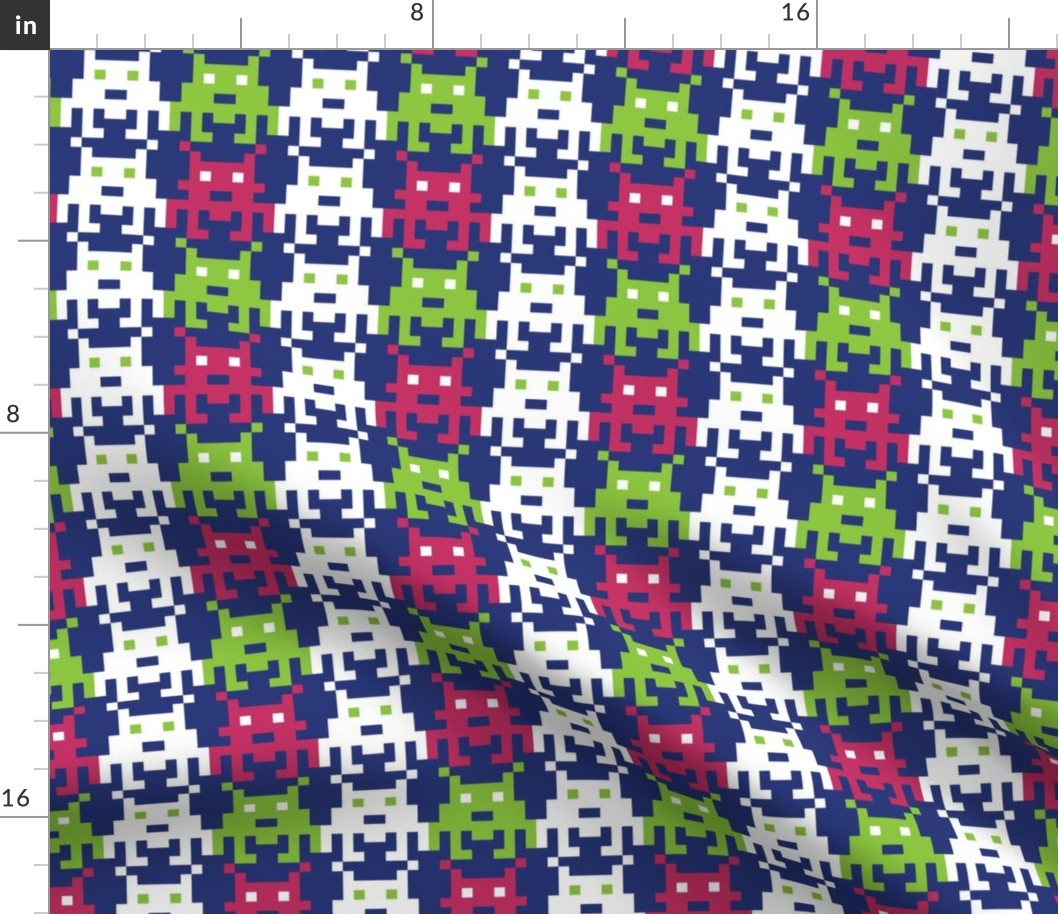 Invader Blue, Pink, and Lime Green