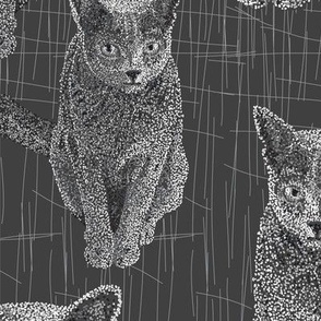 Here Kitty, Kitty- Pointillism  - Russian Blue Kitty - Large scale, B & W, dot art,  painted dots 