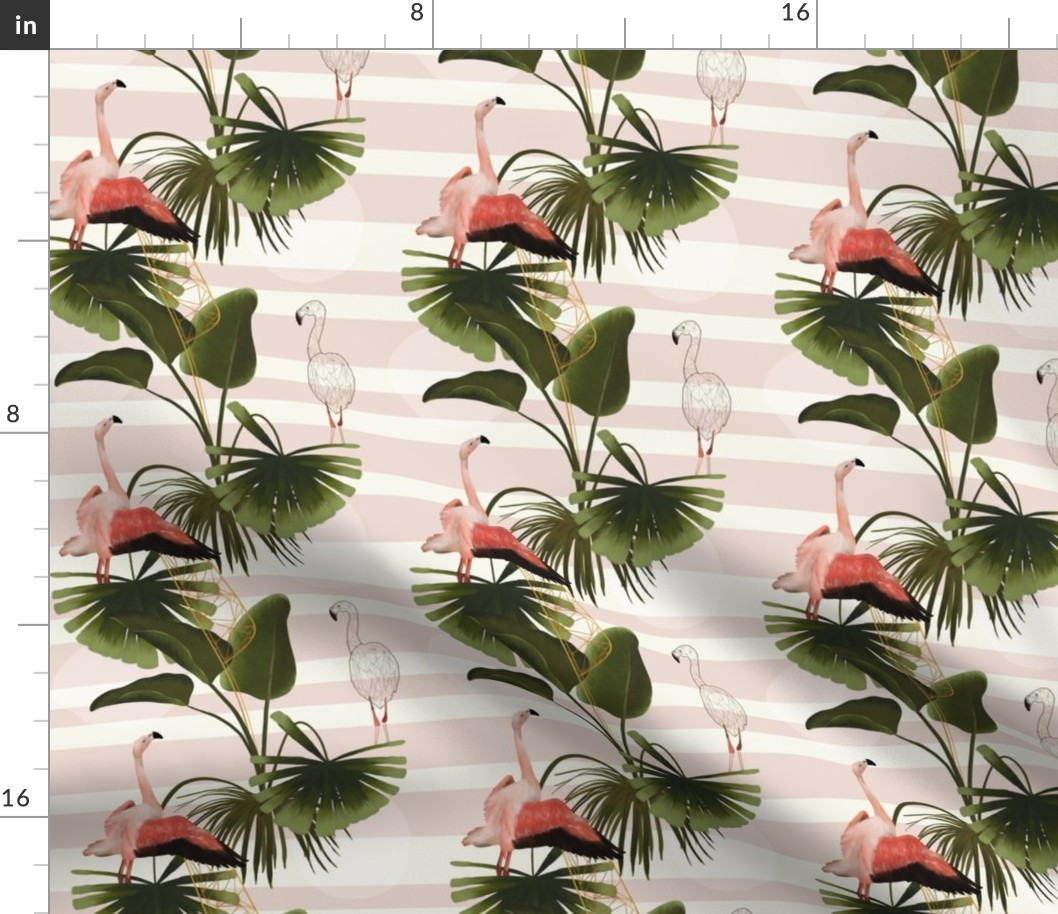 Flamingos and tropical leaves
