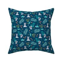 Australian animals kangaroos koalas and turtles palm leaves and flowers summer night garden navy blue orange gender neutral