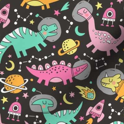 Dinosaurs in Space Pink on Black