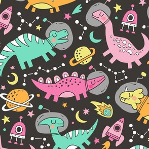Dinosaurs in Space Pink on Black