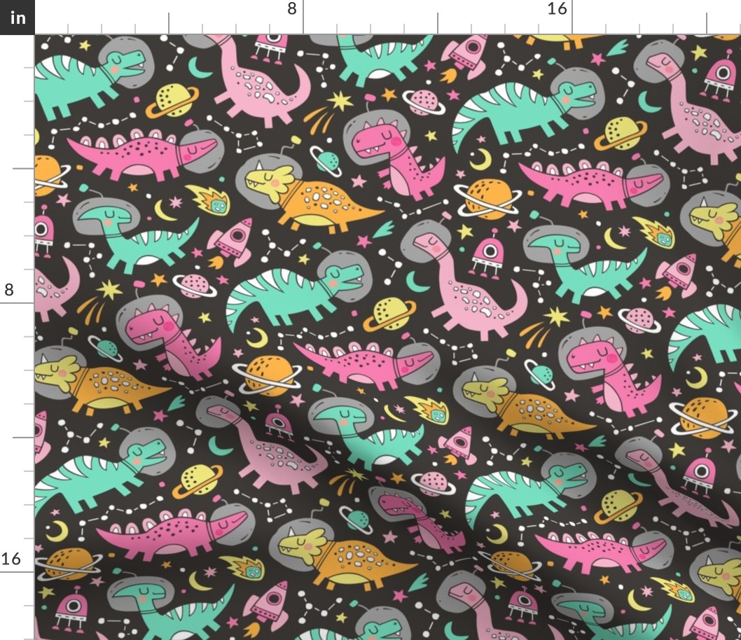 Dinosaurs in Space Pink on Black