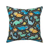 Dinosaurs in Space Blue on Black