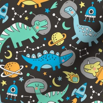 Dinosaurs in Space Blue on Black