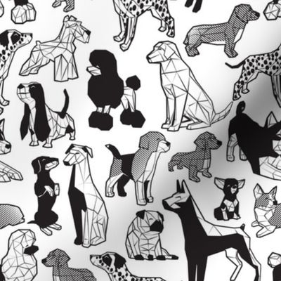 Small scale // Geometric sweet wet noses // white background black and white dogs without shadows: Beagles, Dalmatians, Corgis, Dachshunds, Pugs, Greyhounds, Dobermans, Schnauzers, Huskies, Chihuahuas, Poodles, Basset Hounds, Labrador Retrievers