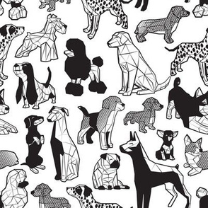 Small scale // Geometric sweet wet noses // white background black and white dogs without shadows: Beagles, Dalmatians, Corgis, Dachshunds, Pugs, Greyhounds, Dobermans, Schnauzers, Huskies, Chihuahuas, Poodles, Basset Hounds, Labrador Retrievers
