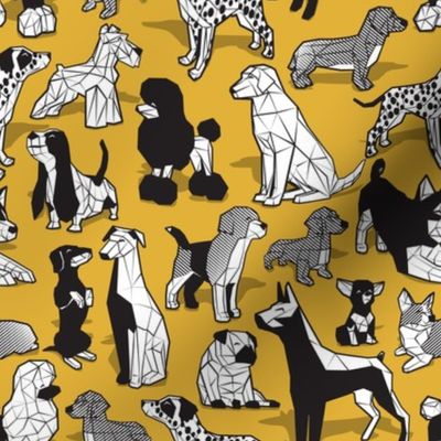 Small scale // Geometric sweet wet noses // goldenrod yellow mustard background black and white dogs: Beagles, Dalmatians, Corgis, Dachshunds, Pugs, Greyhounds, Dobermans, Schnauzers, Huskies, Chihuahuas, Poodles, Basset Hounds, Labrador Retrievers