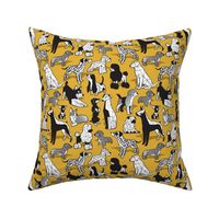 Small scale // Geometric sweet wet noses // goldenrod yellow mustard background black and white dogs: Beagles, Dalmatians, Corgis, Dachshunds, Pugs, Greyhounds, Dobermans, Schnauzers, Huskies, Chihuahuas, Poodles, Basset Hounds, Labrador Retrievers