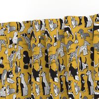 Small scale // Geometric sweet wet noses // goldenrod yellow mustard background black and white dogs: Beagles, Dalmatians, Corgis, Dachshunds, Pugs, Greyhounds, Dobermans, Schnauzers, Huskies, Chihuahuas, Poodles, Basset Hounds, Labrador Retrievers