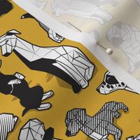 Small scale // Geometric sweet wet noses // goldenrod yellow mustard background black and white dogs: Beagles, Dalmatians, Corgis, Dachshunds, Pugs, Greyhounds, Dobermans, Schnauzers, Huskies, Chihuahuas, Poodles, Basset Hounds, Labrador Retrievers