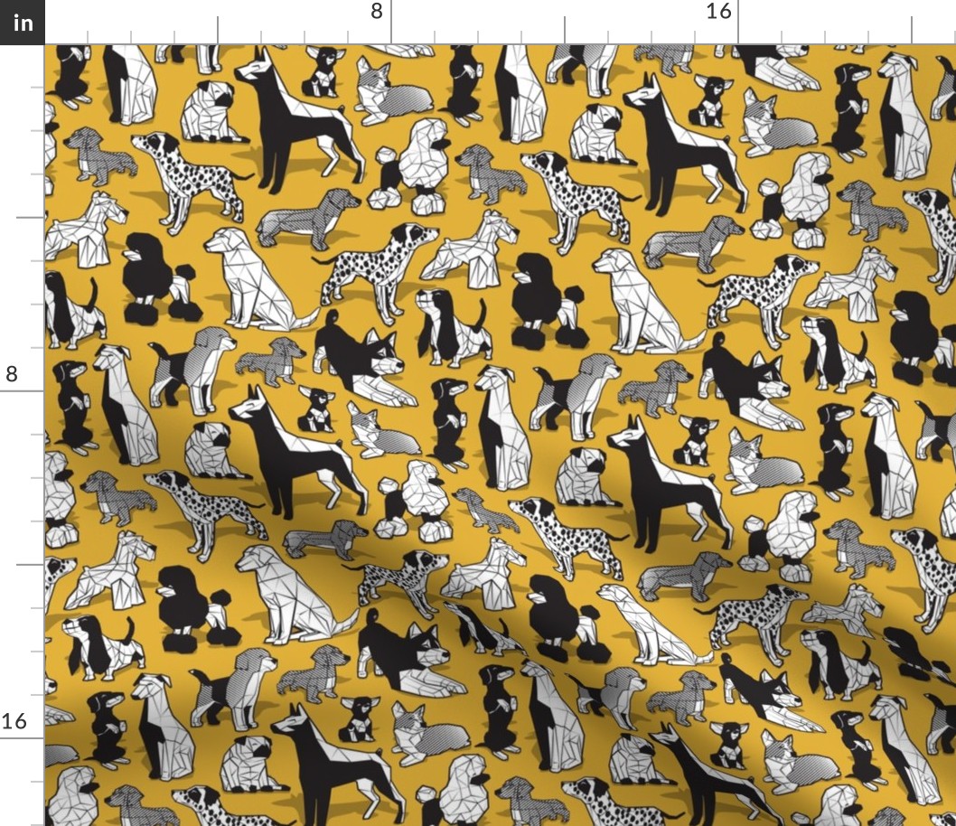 Small scale // Geometric sweet wet noses // goldenrod yellow mustard background black and white dogs: Beagles, Dalmatians, Corgis, Dachshunds, Pugs, Greyhounds, Dobermans, Schnauzers, Huskies, Chihuahuas, Poodles, Basset Hounds, Labrador Retrievers