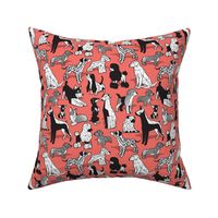 Small scale // Geometric sweet wet noses // coral background black and white dogs: Beagles, Dalmatians, Corgis, Dachshunds, Pugs, Greyhounds, Dobermans, Schnauzers, Huskies, Chihuahuas, Poodles, Basset Hounds, Labrador Retrievers