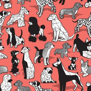 Small scale // Geometric sweet wet noses // coral background black and white dogs: Beagles, Dalmatians, Corgis, Dachshunds, Pugs, Greyhounds, Dobermans, Schnauzers, Huskies, Chihuahuas, Poodles, Basset Hounds, Labrador Retrievers