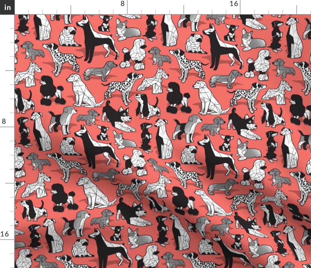 Small scale // Geometric sweet wet noses // coral background black and white dogs: Beagles, Dalmatians, Corgis, Dachshunds, Pugs, Greyhounds, Dobermans, Schnauzers, Huskies, Chihuahuas, Poodles, Basset Hounds, Labrador Retrievers