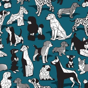 Small scale // Geometric sweet wet noses // dark teal background black and white dogs: Beagles, Dalmatians, Corgis, Dachshunds, Pugs, Greyhounds, Dobermans, Schnauzers, Huskies, Chihuahuas, Poodles, Basset Hounds, Labrador Retrievers